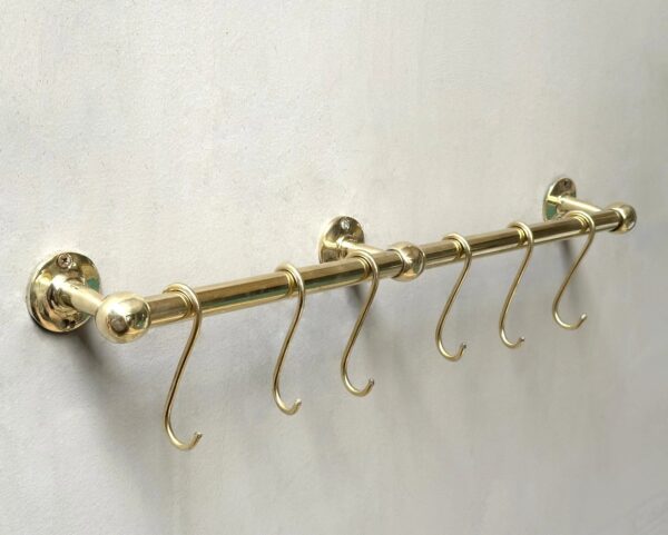 Unlacquered Brass Pot Rail with S hooks , Handmade Vintage Brass Pot Rack , Gold Brass Wall Mounted Brass Hanging Rack with hooks My Store