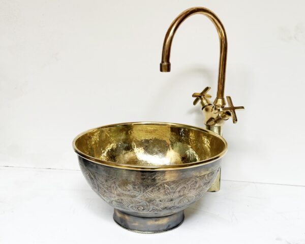 Engraved Brass Bathroom Vessel Sink, Round Aged Brass Vessel Sink, Round Brass Wash Basin