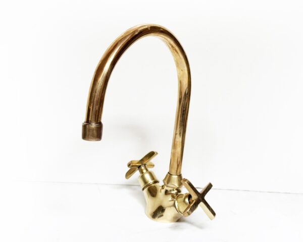 Solid brass Gooseneck faucet, Unlacquered Brass Bathroom Faucet, Cross Handles Brass Faucet - Image 3