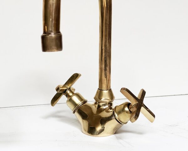 Solid brass Gooseneck faucet, Unlacquered Brass Bathroom Faucet, Cross Handles Brass Faucet - Image 2