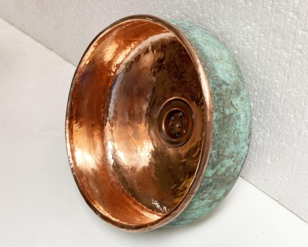 Oxidized Copper Sink Bathroom , Green Patina Copper Washbasin, Hammered Copper Vessel Sink With Unlacquered Bathroom Brass Faucet - Image 3