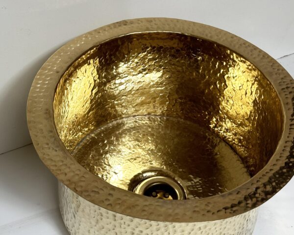 Hammered Unlacquered Brass Round Bar Sink, Solid Round Brass Sink including drain, Hammered Round Brass Wash Basin, Brass Drop in Sink - Image 4