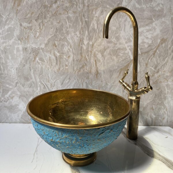 Blue patina vessel sink with brass faucet, hammered brass vessel sink vanity, GooseNeck Brass Faucet, Cross Handles Brass Faucet - Image 2