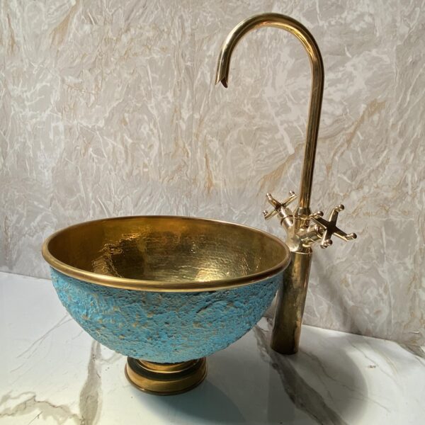 Blue patina vessel sink with brass faucet, hammered brass vessel sink vanity, GooseNeck Brass Faucet, Cross Handles Brass Faucet - Image 5