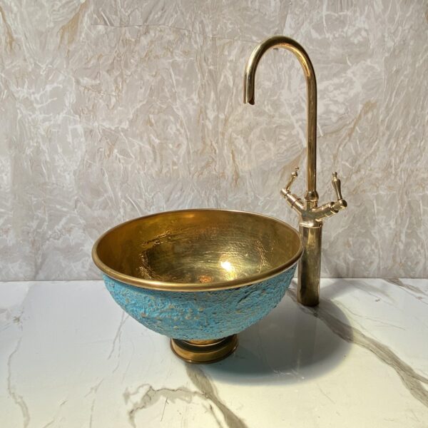 Blue patina vessel sink with brass faucet, hammered brass vessel sink vanity, GooseNeck Brass Faucet, Cross Handles Brass Faucet