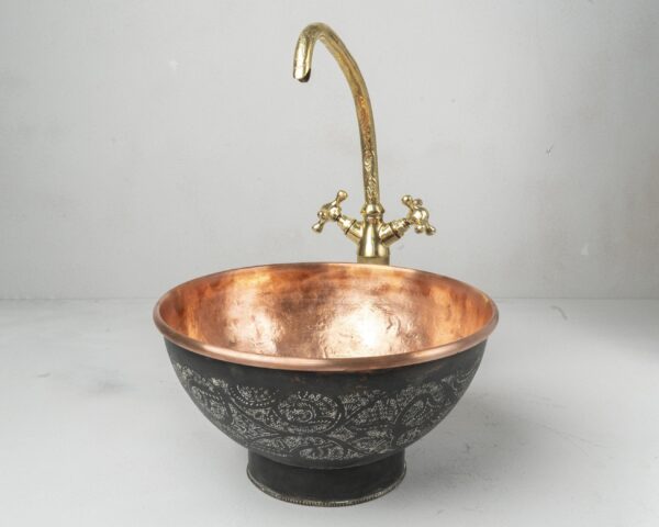 Copper Vessel Sink Bathroom, Black Wash Basin, Engraved Round Vessel Sink