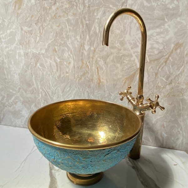 Blue patina vessel sink with brass faucet, hammered brass vessel sink vanity, GooseNeck Brass Faucet, Cross Handles Brass Faucet - Image 3