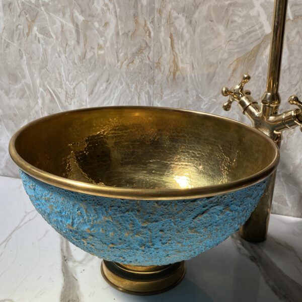 Blue patina vessel sink with brass faucet, hammered brass vessel sink vanity, GooseNeck Brass Faucet, Cross Handles Brass Faucet - Image 4