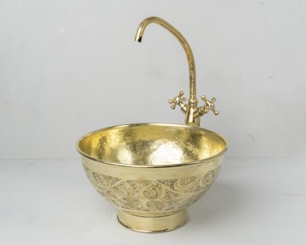 Engraved Brass Bathroom Vessel Sink, Round brass wash basin, Solid Brass Vessel Sink