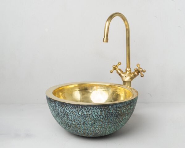 Hammered Brass Vessel Sink For Bathroom, Blue Patina Brass Sink - Image 2