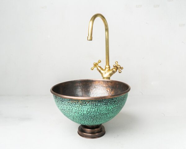 Handcrafted Hammered Copper Vessel Sink, Green Patina Copper Round Counter Top Basin - Image 2