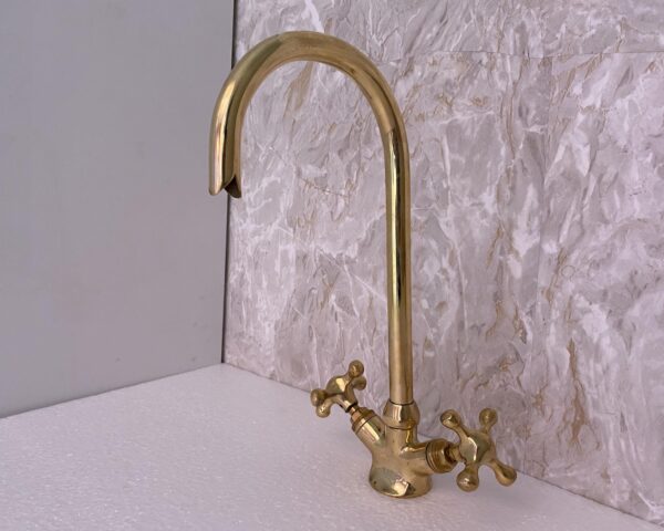 Unlacquered Brass Faucet, Solid Brass Faucet, Goose Neck Kitchen Brass Faucet with Cross Handles - Image 2