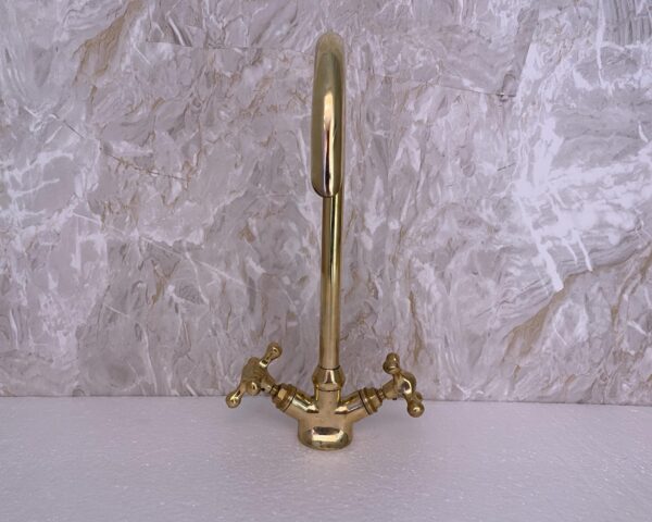 Unlacquered Brass Faucet, Solid Brass Faucet, Goose Neck Kitchen Brass Faucet with Cross Handles - Image 4