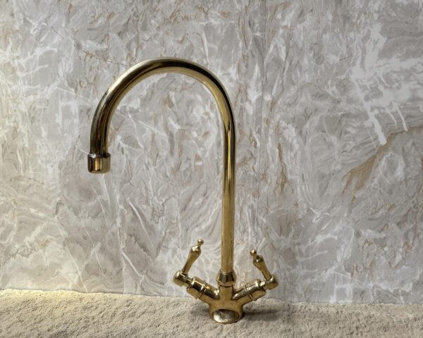 Solid Brass Faucet, Unlacquered Brass Faucet, Goose Neck Kitchen Brass Faucet with Double Lever Handle, Kitchen Tap Mixer - Image 5