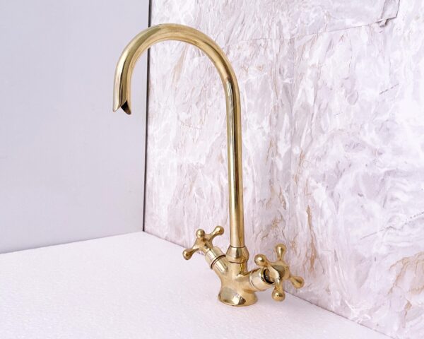 Unlacquered Brass Faucet, Solid Brass Faucet, Goose Neck Kitchen Brass Faucet with Cross Handles