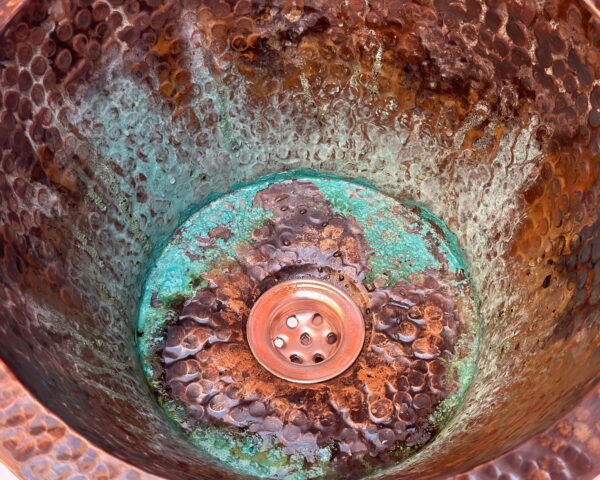 Hammered Oxidized Copper Drop In Sink, Solid Copper Round Bar Sink, Undermount Green Patina Copper Sink - Image 4