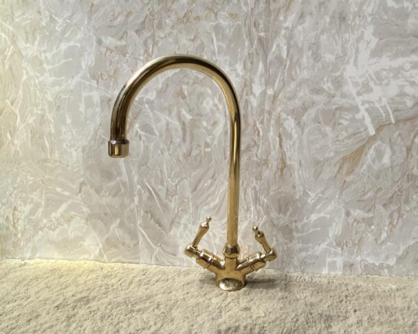 Solid Brass Faucet, Unlacquered Brass Faucet, Goose Neck Kitchen Brass Faucet with Double Lever Handle, Kitchen Tap Mixer