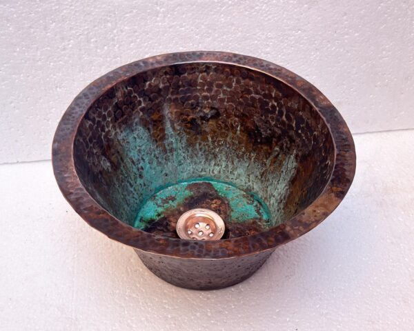 Hammered Oxidized Copper Drop In Sink, Solid Copper Round Bar Sink, Undermount Green Patina Copper Sink - Image 3