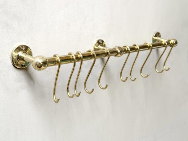 Unlacquered Brass Pot Rail with S hooks , Handmade Vintage Brass Pot Rack , Gold Brass Wall Mounted Brass Hanging Rack with hooks - Image 3