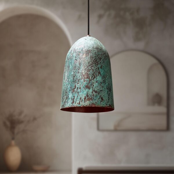 Oxidized Copper Pendant Light, Green Patina Farmhouse Light Fixture, Long Copper Pendant Lamp - Image 4