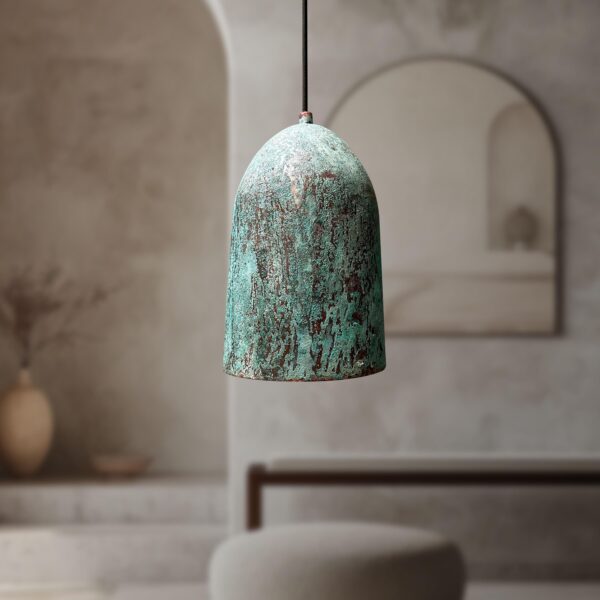 Oxidized Copper Pendant Light, Green Patina Farmhouse Light Fixture, Long Copper Pendant Lamp - Image 2