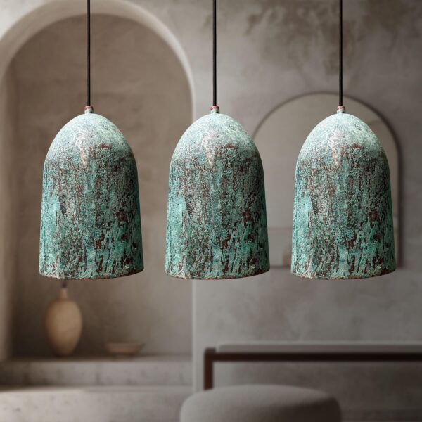 Set of 3 Oxidized Copper Pendant Light, Three Green Patina Farmhouse Light Fixtures, Long Copper Pendant Lamp - Image 5