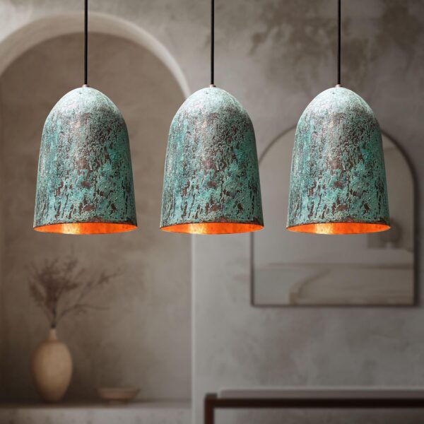 Set of 3 Oxidized Copper Pendant Light, Three Green Patina Farmhouse Light Fixtures, Long Copper Pendant Lamp