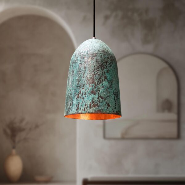 Oxidized Copper Pendant Light, Green Patina Farmhouse Light Fixture, Long Copper Pendant Lamp