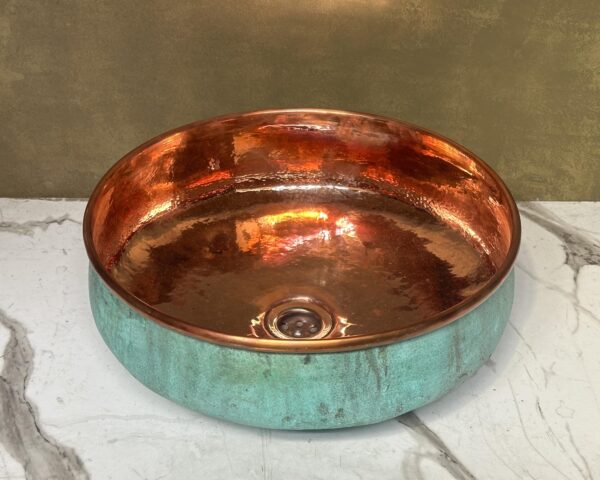 Oxidized Round Copper Bathroom Sink, Handmade Green Patina Copper SInk, Hammered Copper Vessel Sink Vanity