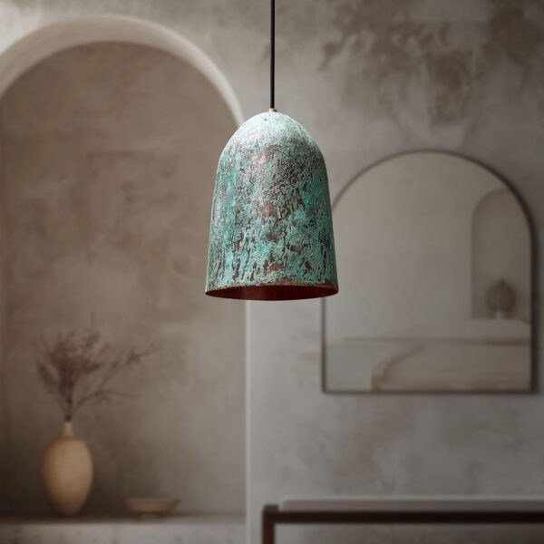 Set of 3 Oxidized Copper Pendant Light, Three Green Patina Farmhouse Light Fixtures, Long Copper Pendant Lamp - Image 3