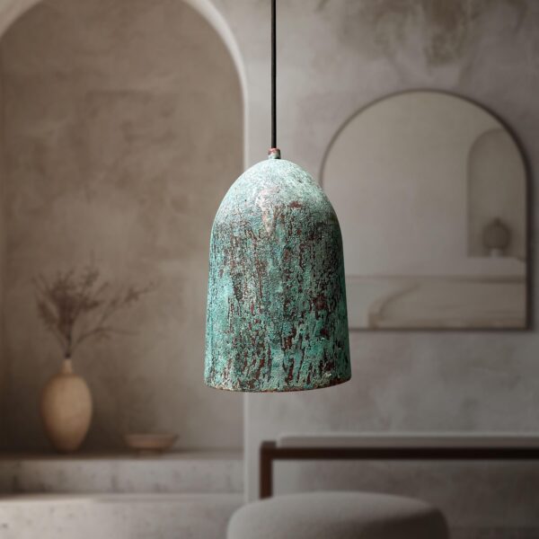 Set of 3 Oxidized Copper Pendant Light, Three Green Patina Farmhouse Light Fixtures, Long Copper Pendant Lamp - Image 2