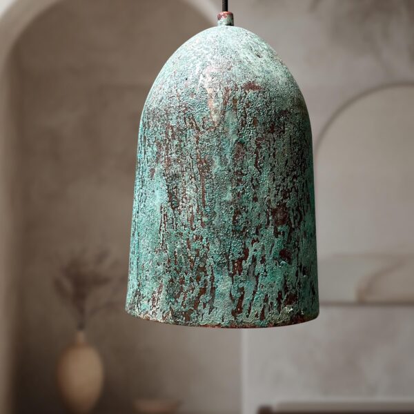 Set of 2 Oxidized Copper Pendant Light, Set of Two Green Patina Farmhouse Light Fixtures, Long Copper Pendant Lamp - Image 5