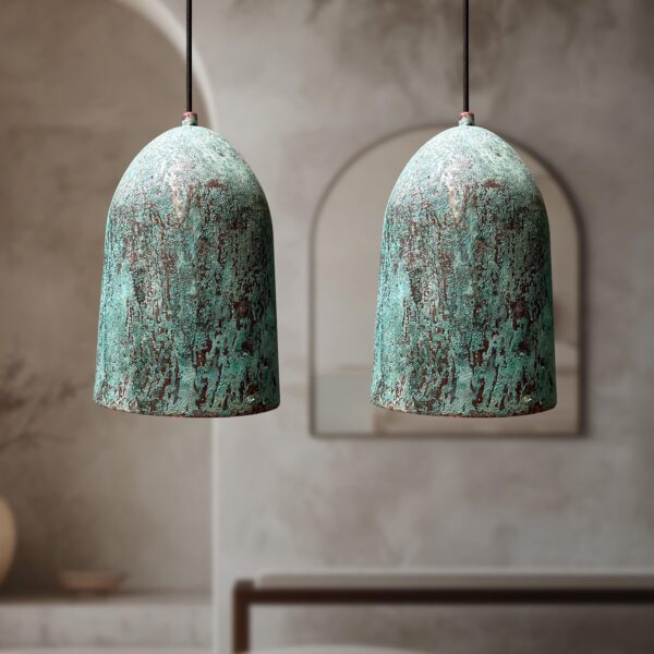 Set of 2 Oxidized Copper Pendant Light, Set of Two Green Patina Farmhouse Light Fixtures, Long Copper Pendant Lamp - Image 3