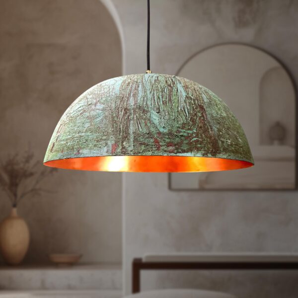 Handmade Copper Dome Light Fixture, Green Patina Copper Farmhouse Kitchen Island Lighting, Oxidized Pendant light